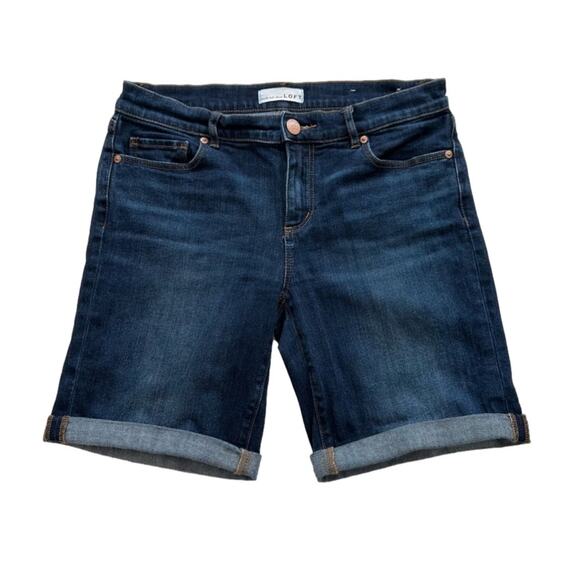 Loft Denim Jean Bermuda Rolled Cuffs Dark Wash Mid Rise Jean Shorts Size 4 - Picture 1 of 10